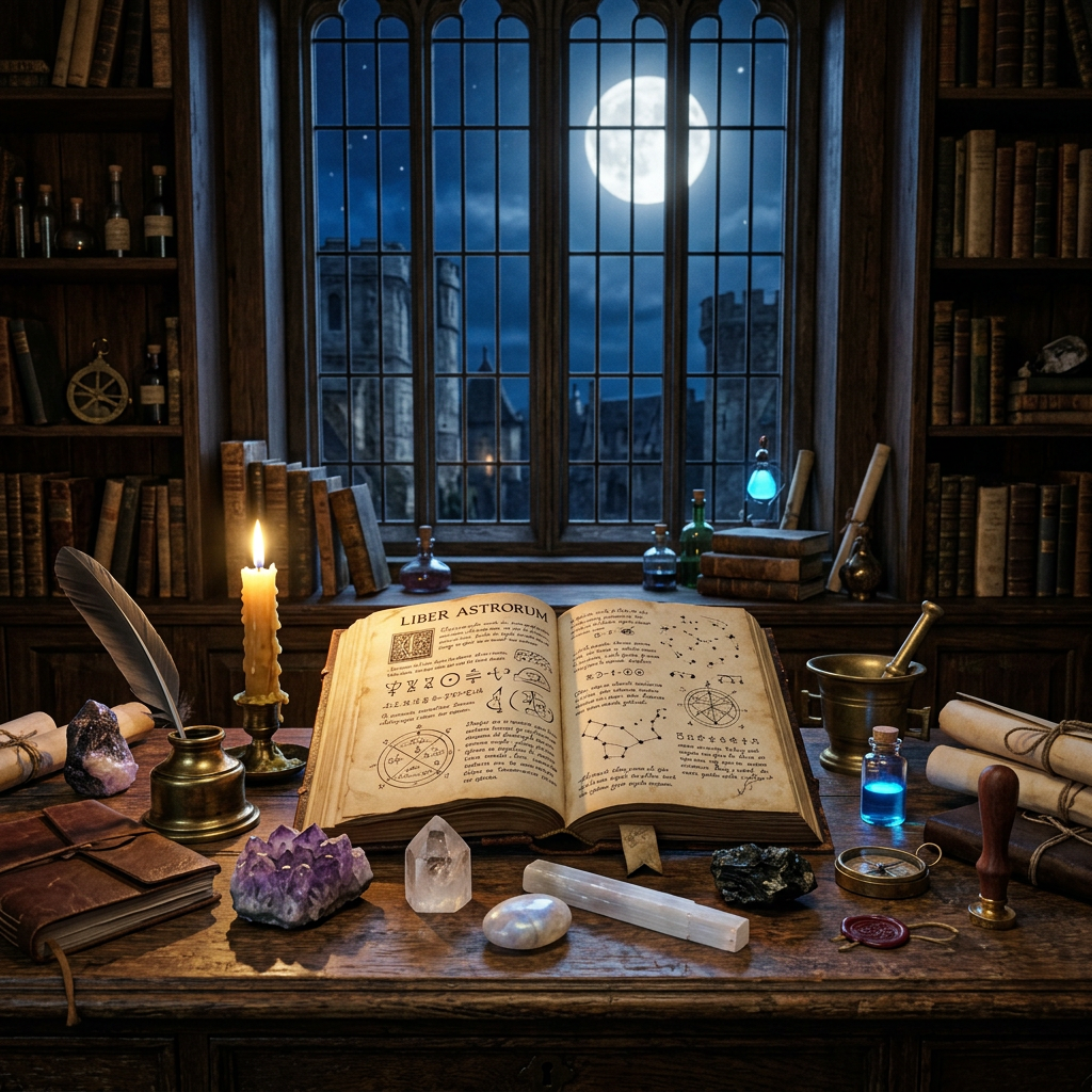 Ancient book with astrological symbols, crystals, candle, and potion bottles on wooden table in medieval study