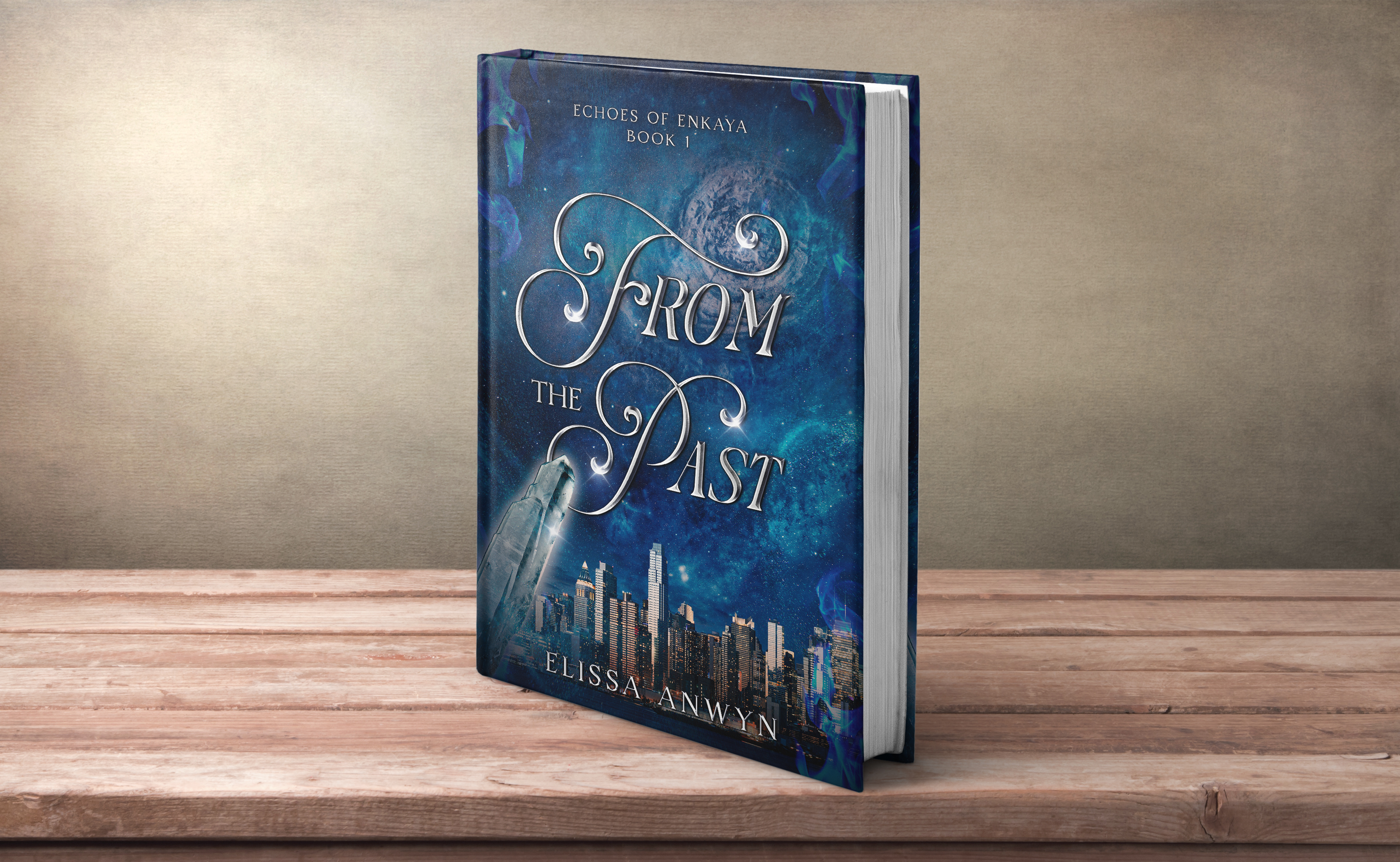 an image of a paranormal romance novel, the cover is swirling with star magic and a glowing city skyline